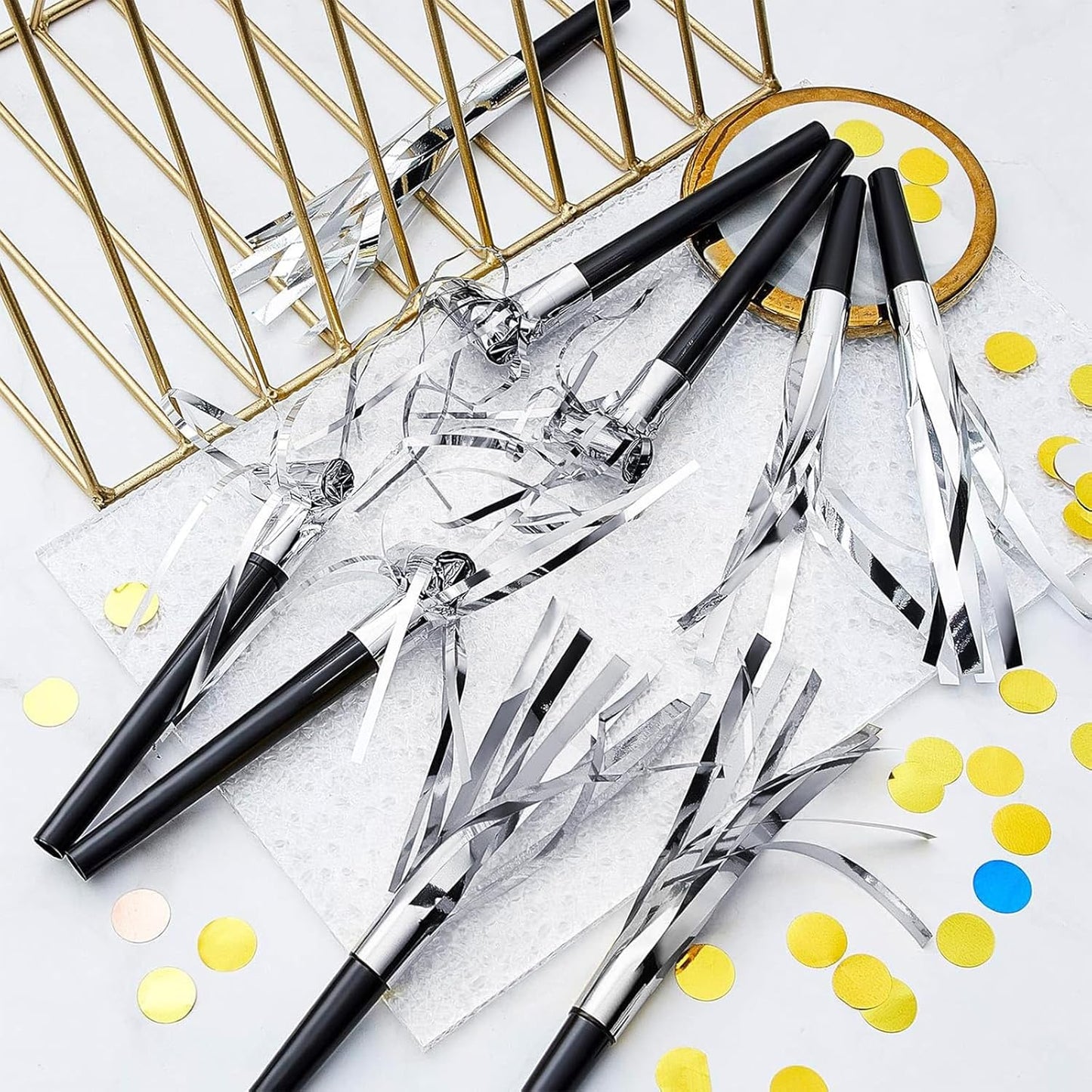 Skylety 48 Pcs Noise Makers Glitter Noise Makers Metallic Fringed Party Blowers Noisemakers Horns for Adults Birthday Graduation Sporting Events 2026 New Years Party Favor Supplies (Gold)