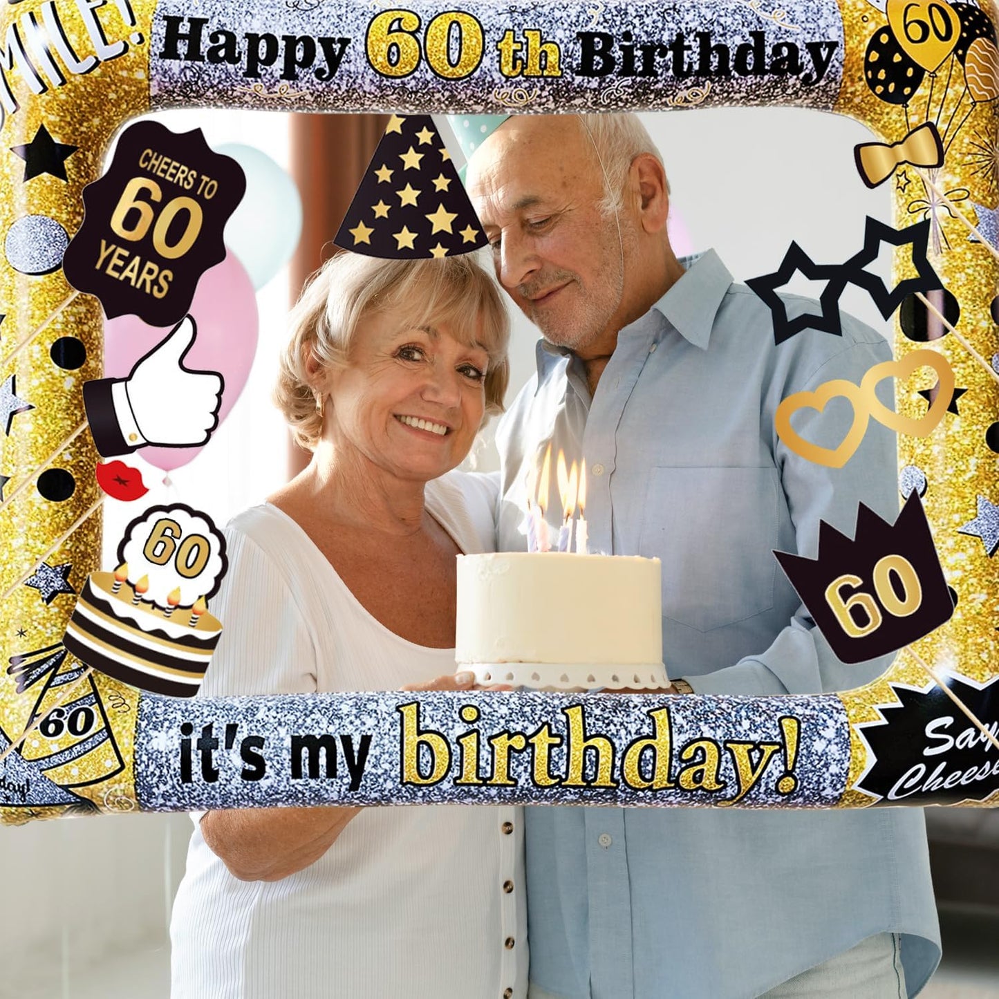 60th Birthday Inflatable Photo Booth Set - Giant Selfie Photo Booth Frame & Props - Black PVC Material - Party Decor
