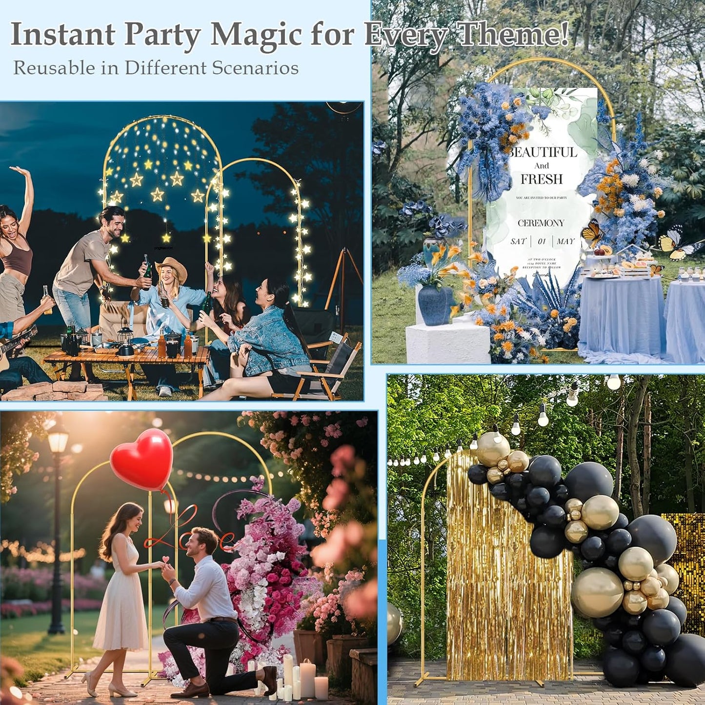 Wedding Arch Backdrop Stand, 6FT, 5FT, 4FT Set of 3 Metal Gold Balloon Arch kit Stand for Ceremony Baby Shower Birthday Bridal Party Event Background Decoration, Garden Climbing Plant Fram
