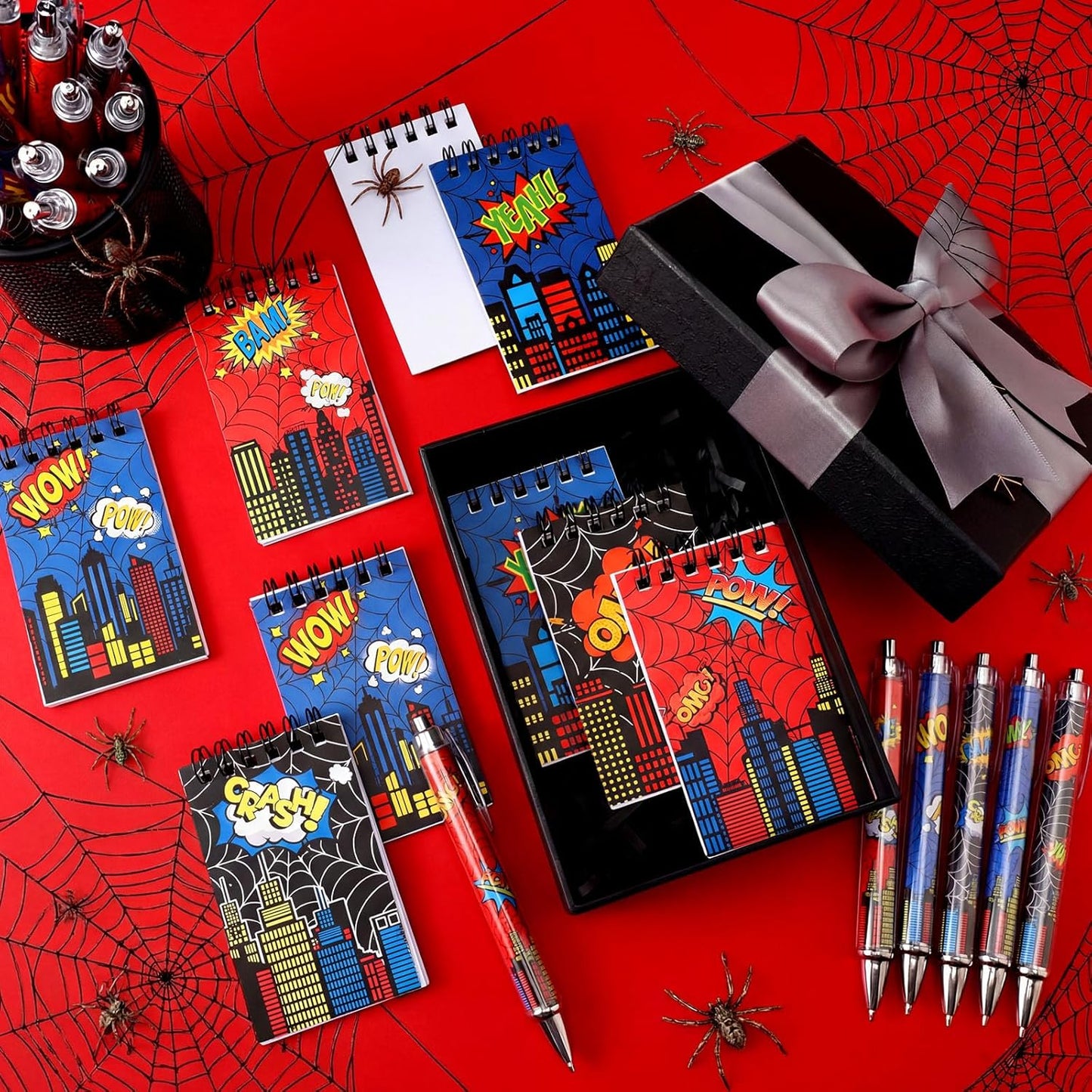 48 Piece Spider Party Favor Include 24 Pcs Notebooks 24 Pcs Ballpoint Pens Red Black Spiders Party Favor Teacher Classroom Rewards Supplies Theme Birthday Partys Gift(Classic)