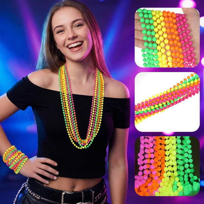 12 Pack Neon Glow in The Dark Beaded Necklaces Accessories Bulk 16 Inch for Halloween 80s Party Favors Decorations