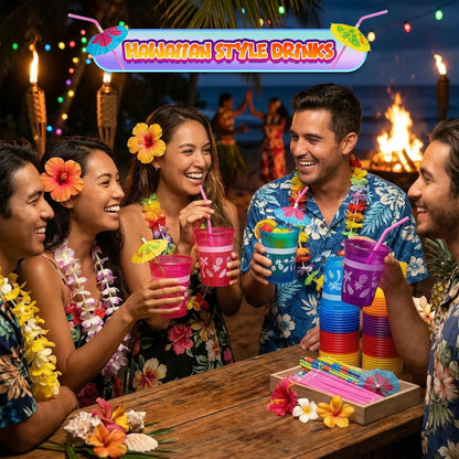 4E's Novelty 48 Packs Tropical Party Cups with Parasol Straws - Disposable Plastic Cups 16oz BPA free, for Hawaiian Luau Party and Pool Parties, Beach Theme Birthday Decorations for Kids & Adults