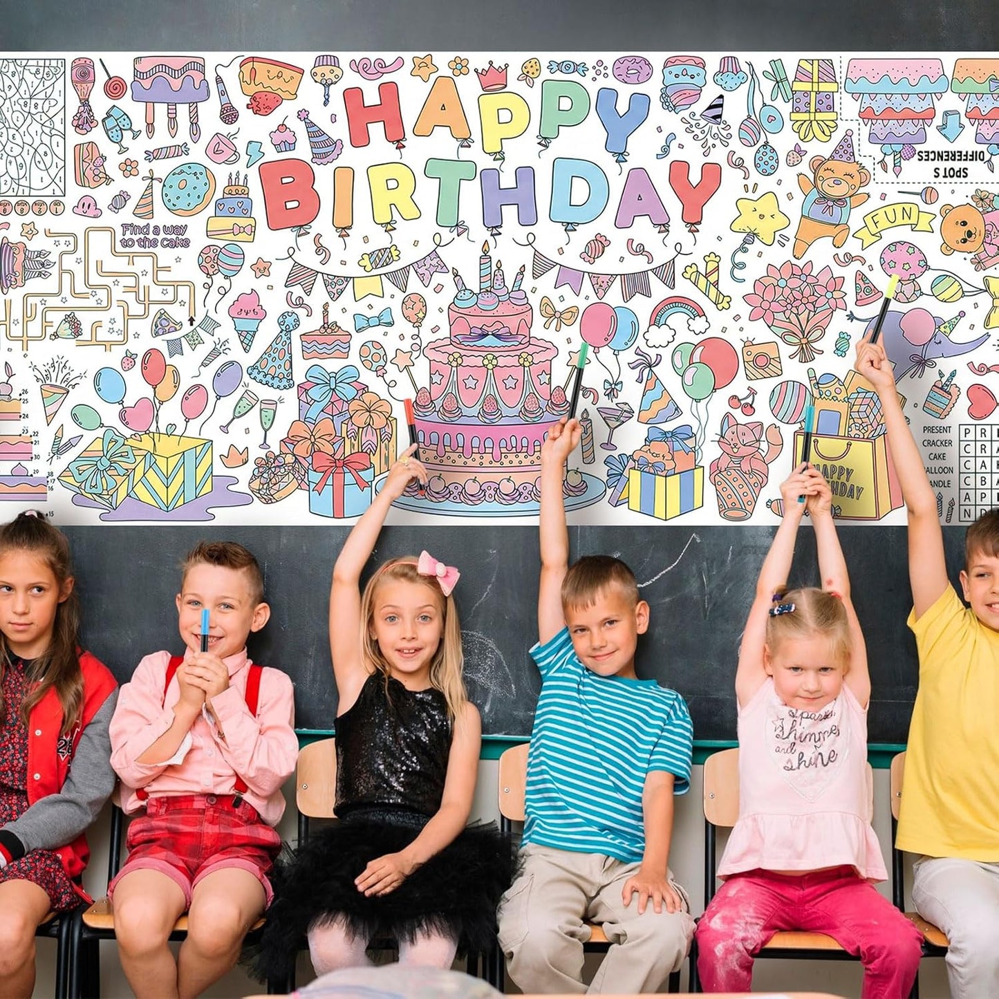 Happy Birthday Giant Coloring Poster/Tablecloth, 30 x 72 Inch Birthday Craft for Kids Art Crafts Paper Banner Kid Games Activities,Coloring Tablecloth Crafts for Classroom Wall School Home Parties