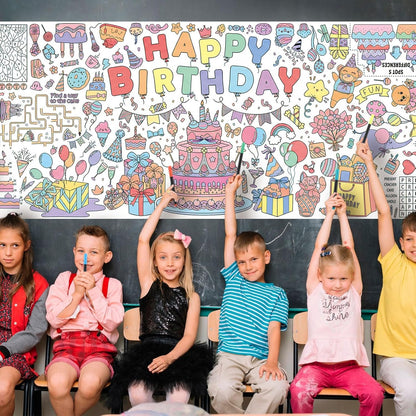 Happy Birthday Giant Coloring Poster/Tablecloth, 30 x 72 Inch Birthday Craft for Kids Art Crafts Paper Banner Kid Games Activities,Coloring Tablecloth Crafts for Classroom Wall School Home Parties
