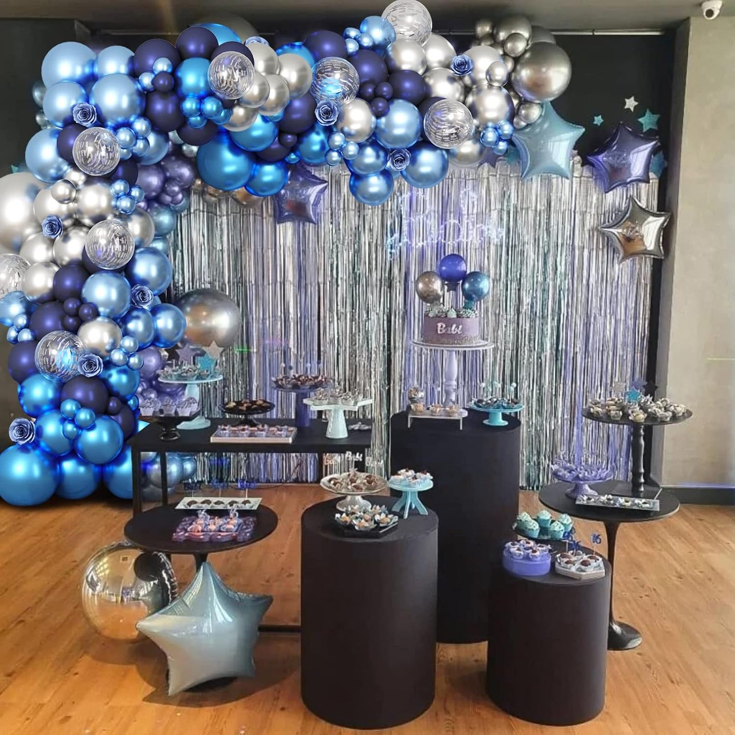 RUBFAC 87pcs Metallic Blue Silver Balloon Garland Arch Kit, 18 12 10 5 Inch Blue Silver Confetti Latex Party Balloons for Birthday Graduation Baby Shower Decoration