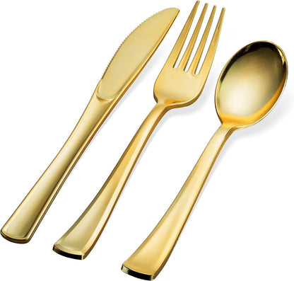 160 Silverware Set - Disposable Flatware - 80 Plastic Forks, 40 Plastic Spoons, 40 Cutlery Knives - Heavy Duty for Party Bulk Pack (Gold)