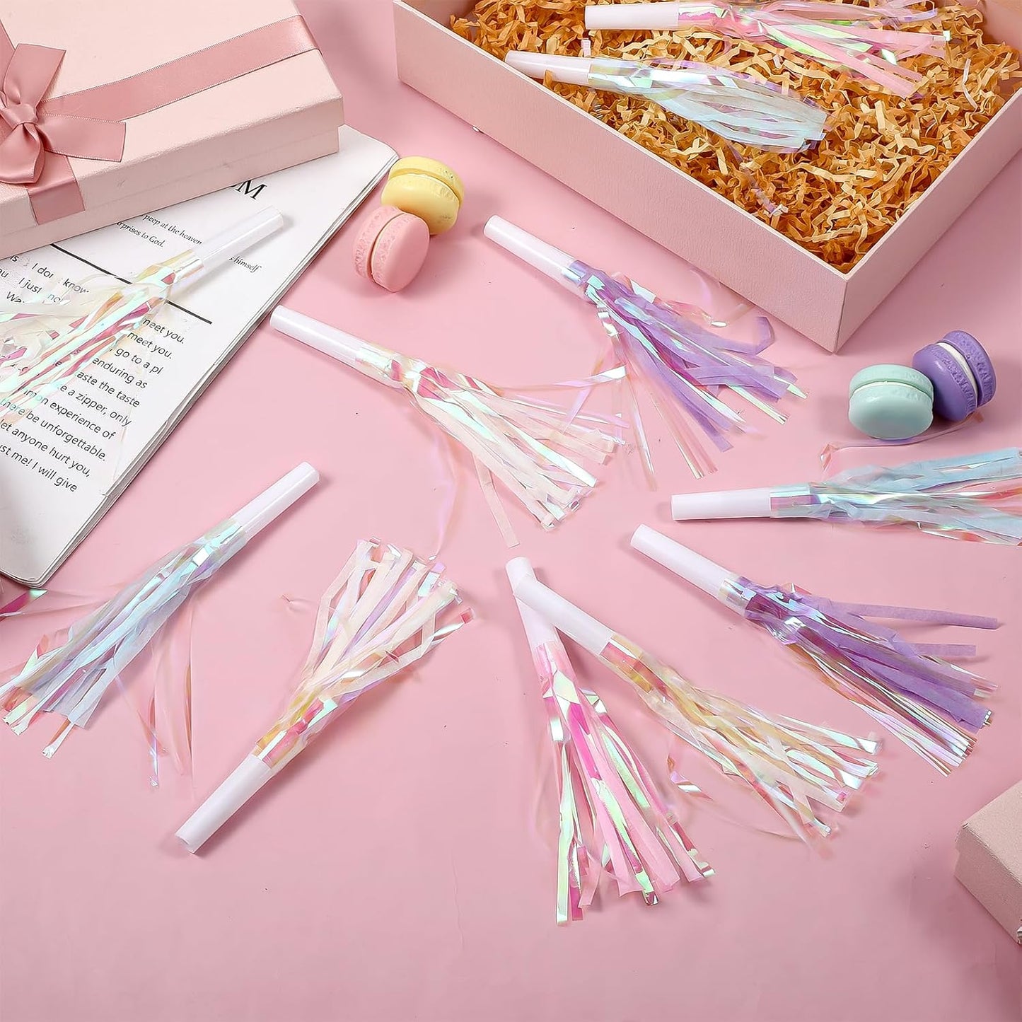 24 pcs Party Blowers Glitter Noise Makers Metallic Fringed Party Horns Pastel Noisemakers for Birthday Blow Horns Graduation New Years Sporting Gatherings Favors Supplies Eve Christmas