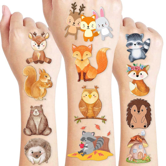 96PCS Woodland Animal Temporary Tattoos Stickers Pre-Cut – 1st Birthday Party Favors, Decorations, Supplies - Forest Animal & Camo Pre-Cut Designs for Kids Boys Girls Adults Camping Adventures Gifts