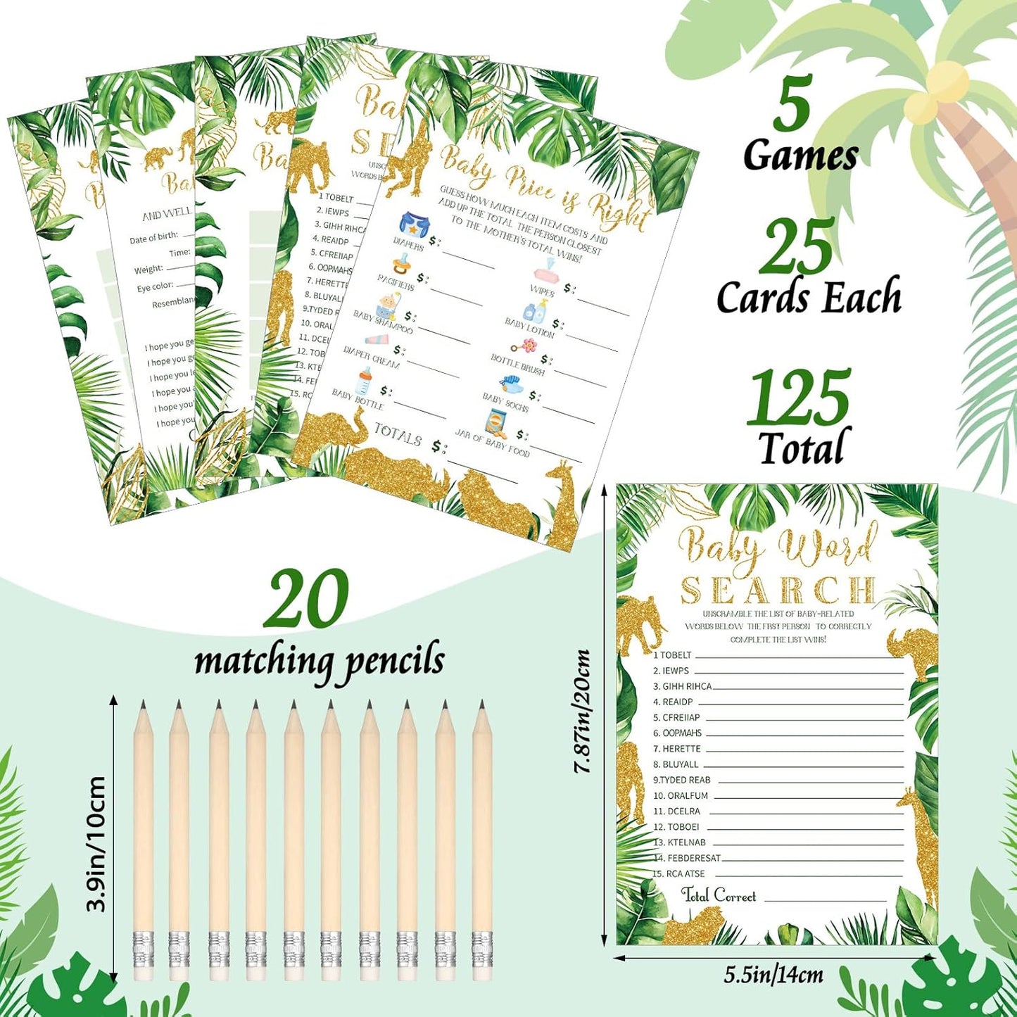 Yinder 145 Pcs Baby Shower Games Activities Cards with 20 Pencils Includes Baby Bingo Description and Wishes Guess Who Price is Right Word Scramble Game(Here Comes the Son)