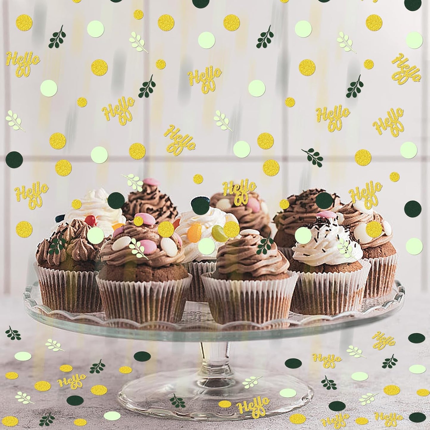300PC Greenery Happy Birthday Confetti for Table Gold Glitter and Sage Green Birthday Party Decorations for Kids/Adult
