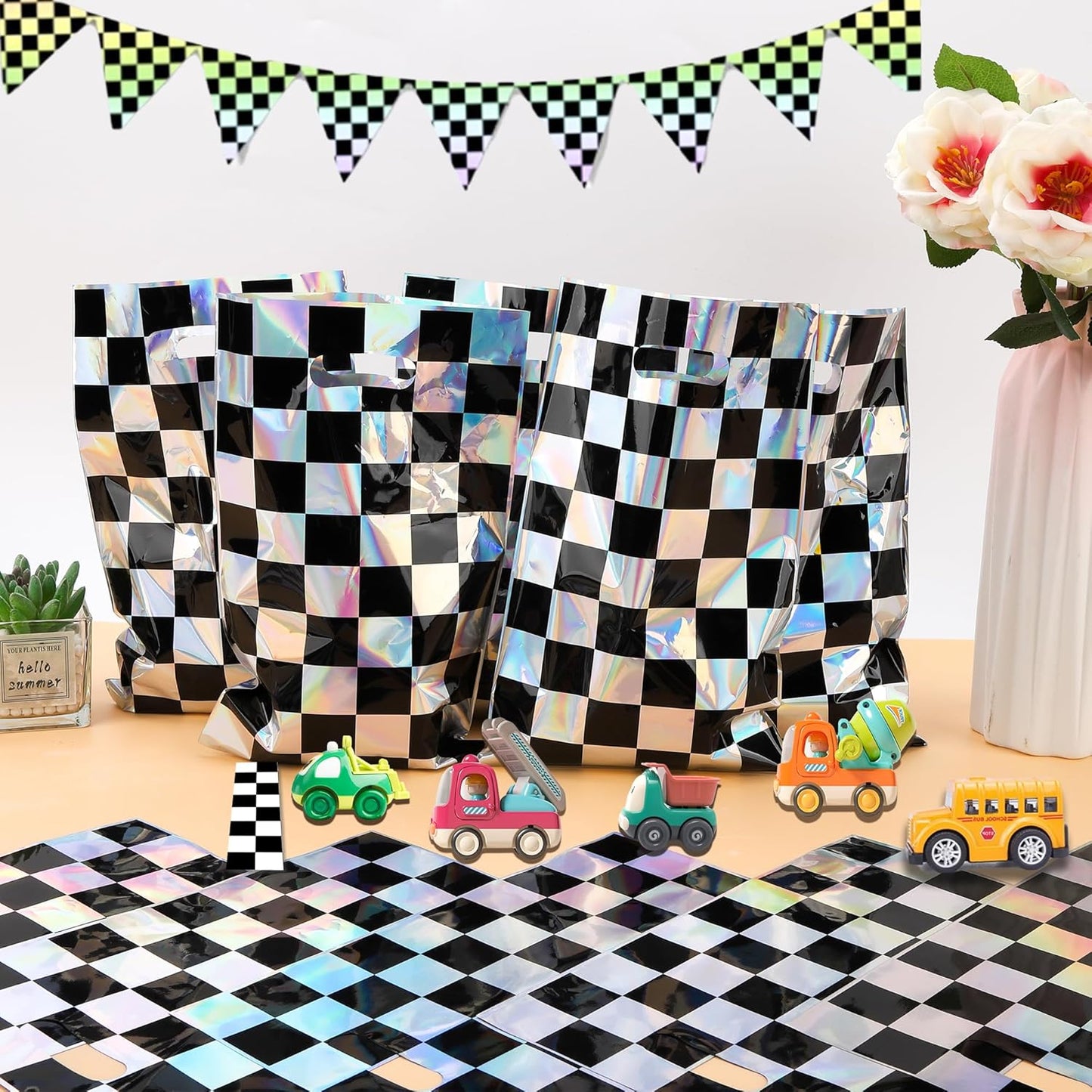 Mikzhskr 30Pcs Race Car Party Favors Bag Goodie bags Racing in Speed Party Decorations Soccer Theme Black and White Checkered Candy Bags with Handles for Kids Race Car Birthday Party Supplies