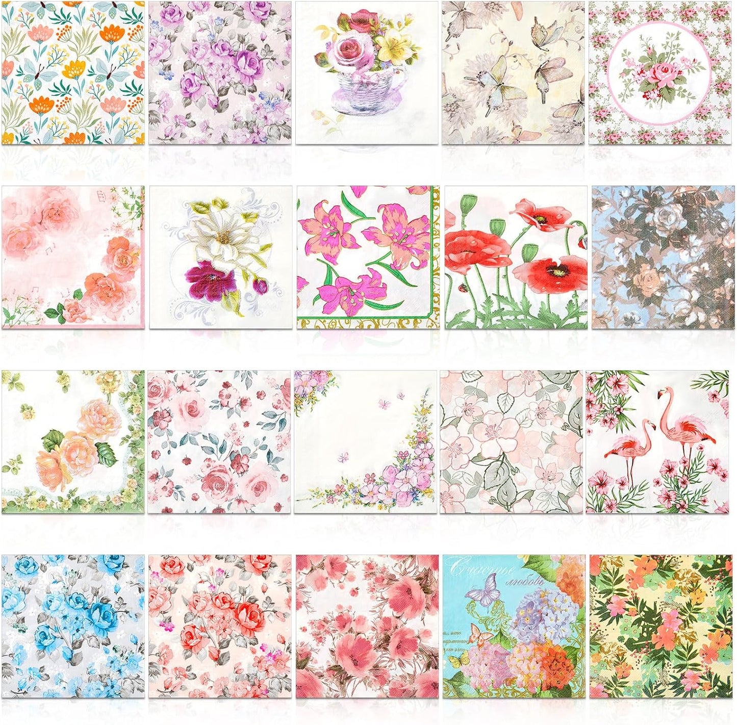 Crtiin 20 Pack Decoupage Napkins Floral Napkins Flower Cocktail Paper Decorative Toilet for Valentine's Day Birthday Party Beautiful Gorgeous, 20 Styles Each 6.5 Inches(Style 1)