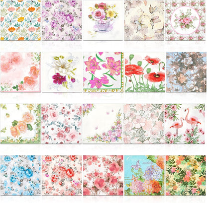 Crtiin 20 Pack Decoupage Napkins Floral Napkins Flower Cocktail Paper Decorative Toilet for Valentine's Day Birthday Party Beautiful Gorgeous, 20 Styles Each 6.5 Inches(Style 1)