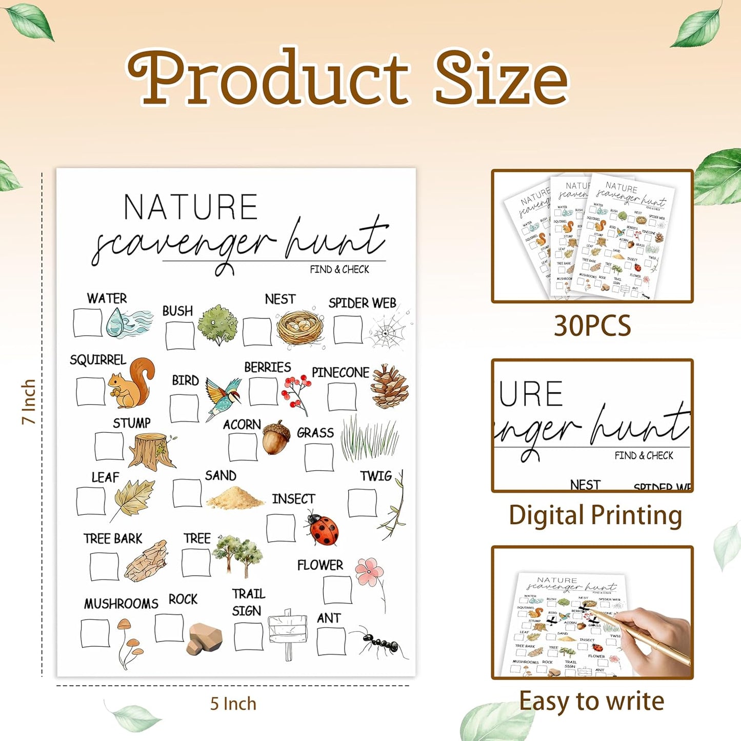 30Pcs Nature Scavenger Hunt Cards, Scavenger Hunt Cards Road Trip and Travel Activities, Spring Summer Holiday Party Supplies, Camping Games Outdoor Indoor Seek Activity-A03