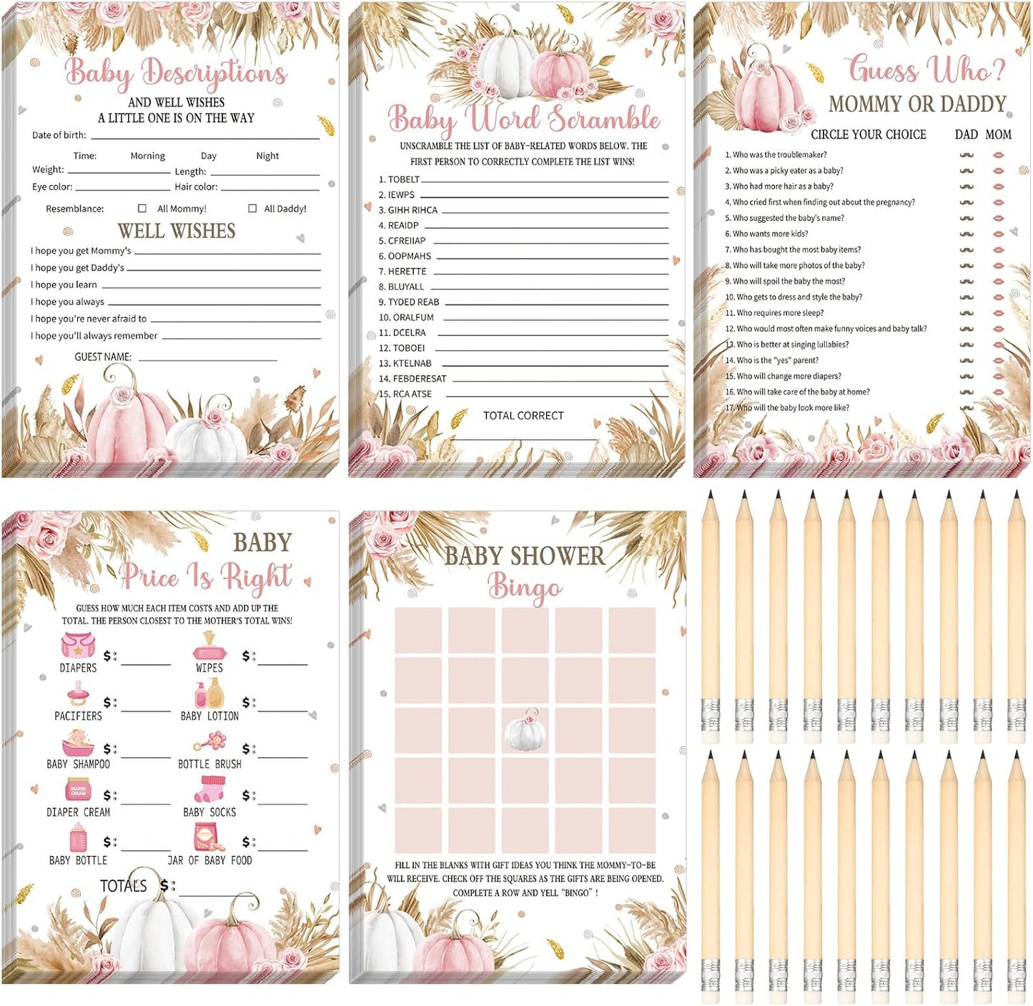 Yinder 145 Pcs Baby Shower Games Activities Cards with 20 Pencils Includes Baby Bingo Description and Wishes Guess Who Price is Right Word Scramble Game(Here Comes the Son)