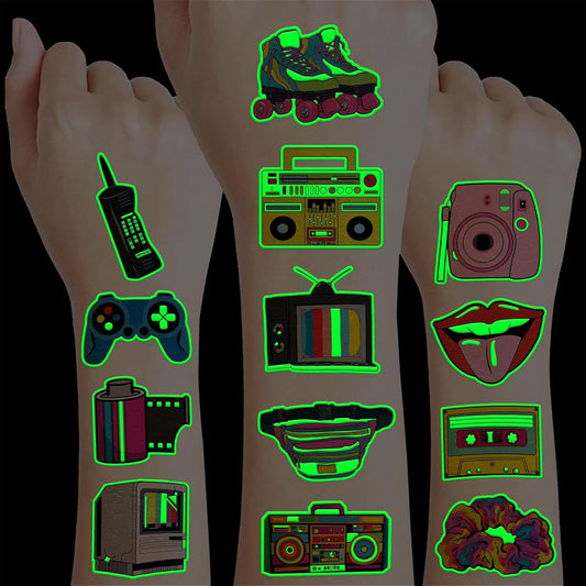 90s 80s Pre-cut Theme Temporary Tattoos for Kids & Adults - 96 PCS Retro Fake Tattoo Stickers for Birthday Party Favors, Carnival Rewards, School Supplies (8 Sheets)