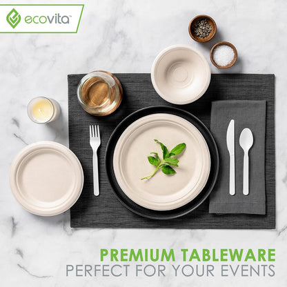 100% Compostable Forks - 140 Large Disposable Utensils (7 in.) Eco Friendly Durable and Heat Resistant Alternative to Plastic Forks with Convenient Tray by Ecovita