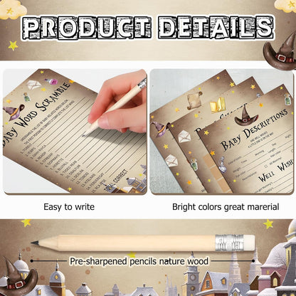Yinder 145 Pcs Baby Shower Games Activities Cards with 20 Pencils Includes Baby Bingo Description and Wishes Guess Who Price is Right Word Scramble Game(Here Comes the Son)