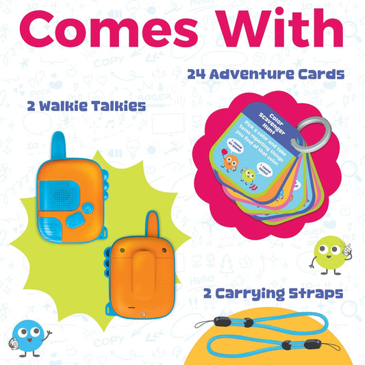 Walkie Talk-Along Scavenger Hunt & Adventure Set - 2 Rugged Walkie Talkies (1,000 ft Range) + 24 Mission Cards - Outdoor Backyard Games for Kids Ages 3+