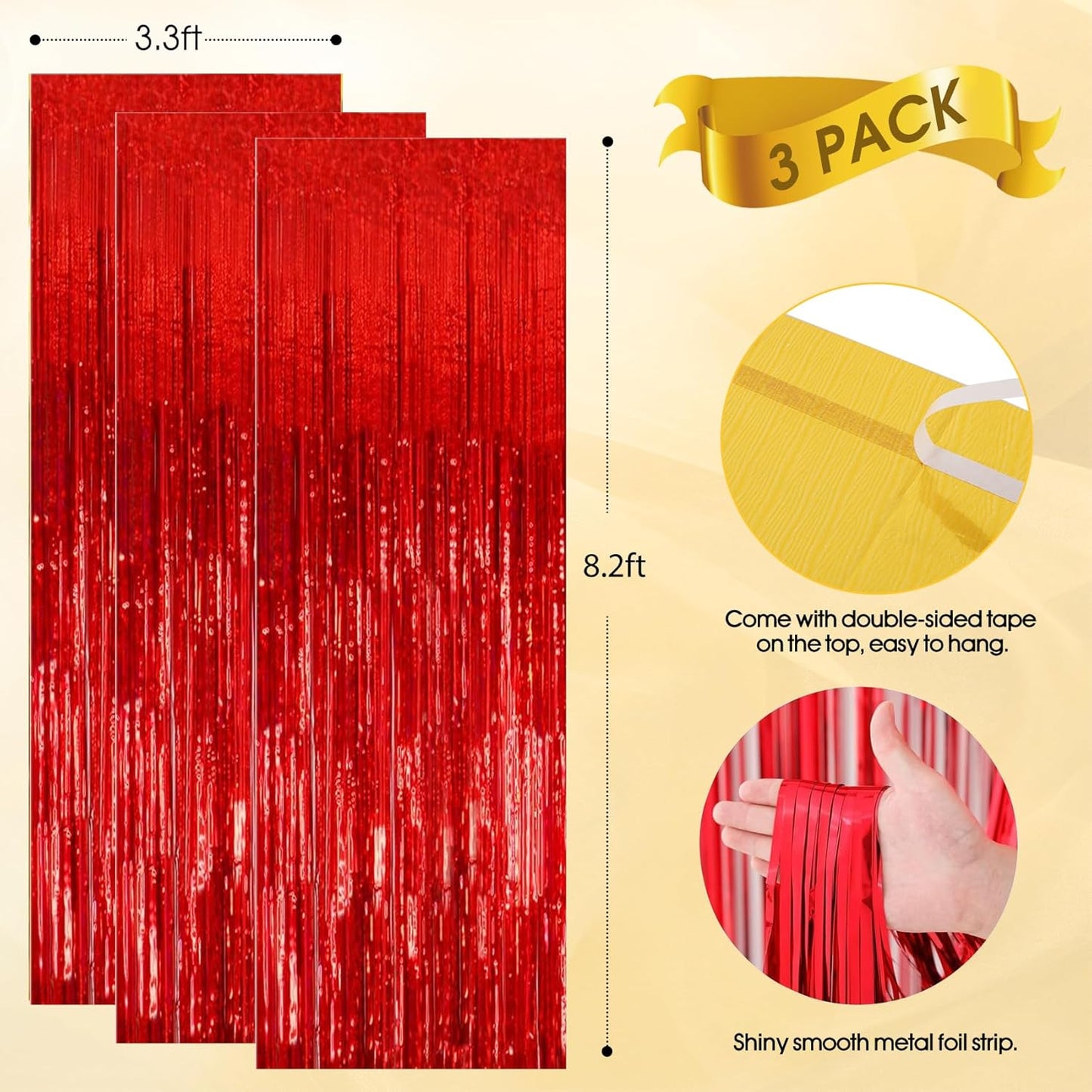 Birthday Party Decorations: 3 Pack 3.3 x 9.9 ft Gold Foil Fringe Curtains Party Supplies, Tinsel Curtain Backdrop for Parties/Birthday/Photo Booth