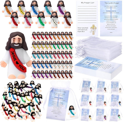 Bememo 150 Pcs Christian Gifts Bulk Bible Verse Cards Little Jesus Figures Prayer Cards Organza Bags for Easter Hunt Religious Party Favors Sunday Baptism, 50 Set(Classic Color,Open Hands)
