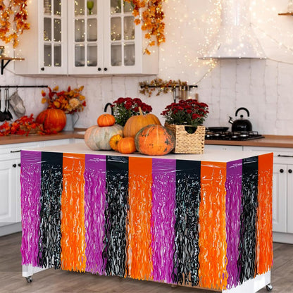 2 Pack 29.5x108 Inch Silver Foil Tinsel Fringe Table Skirts, Disposable Table Skirts for Rectangle Tables Curtains Backdrop Parade Wedding Floats Baby Shower Birthday Mardi Gras Party