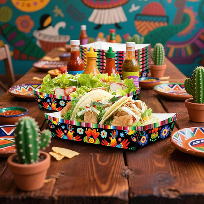 30 Pack Fiesta Mexican Food Trays, Floral and Serape Stripe Design Disposable Paper Serving Containers Boats for Taco Nights, Nachos, Fries, Popcorn, Snacks, Cinco de Mayo and Birthday Party Supplies