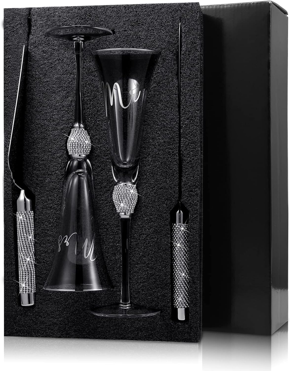 Boao 4 Piece Mr and Mrs Champagne Flutes and Cake Knife Server Set Crystal Wedding Toasting Flutes Rhinestone Cake Cutting Set for Bride and Groom Wedding Engagement Bridal Shower Gifts(Silver)