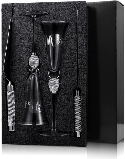 Boao 4 Piece Mr and Mrs Champagne Flutes and Cake Knife Server Set Crystal Wedding Toasting Flutes Rhinestone Cake Cutting Set for Bride and Groom Wedding Engagement Bridal Shower Gifts(Silver)