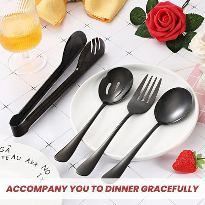 Patelai 15 Pcs Black Stainless Steel Serving Utensil Set 8.7" Large Spoons and Slotted Spoon 9.45" Tong 9" Forks Flatware Wedding Party Restaurant Cooking Kitchen Holiday Buffet Banquet Catering Hotel