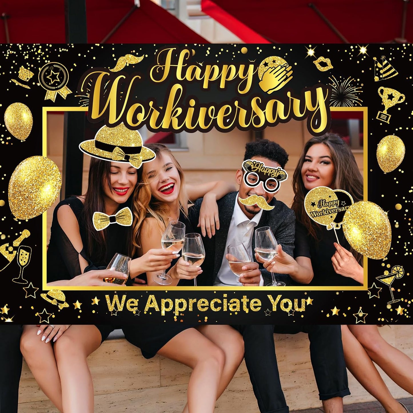 We Appreciate You Thank You Decorations Happy Work Anniversary Decorations Black Gold Selfie Photo Frame & 25pcs Photo Booth Props for Employee Staff Teacher Doctor Graduation Party Decor Supplies