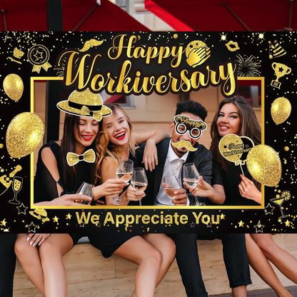 We Appreciate You Thank You Decorations Happy Work Anniversary Decorations Black Gold Selfie Photo Frame & 25pcs Photo Booth Props for Employee Staff Teacher Doctor Graduation Party Decor Supplies