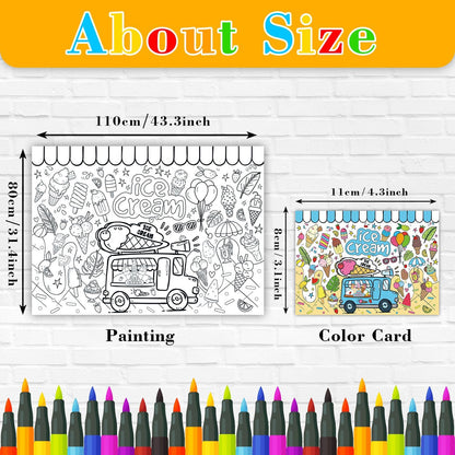 43.3x31.5 Summer Coloring Poster with Picture, Giant Cute Painting Poster, Large Coloring Tablecloth for Classroom Home Birthday Party Supplies Favor