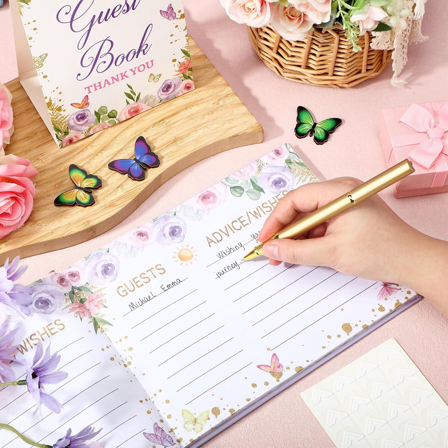 Fuyoooo 27 Pcs Safari Animal Baby Shower Guest Book Set Baby Shower Sign in Guest Floral Book Place Table Cards with Gold Pen Adhesive Photo Corner for Birthday Party