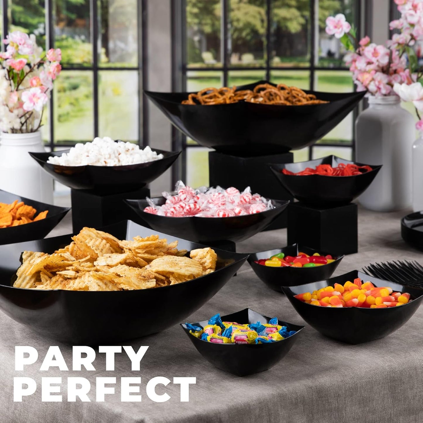 PLASTICPRO Disposable 64 ounce Square Serving Bowls, Party Snack or Salad Bowl, Large Plastic Elegant White Pack of 4
