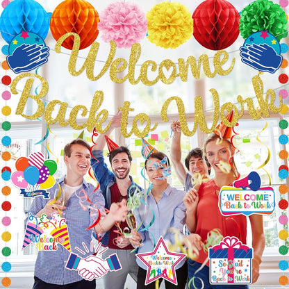 Welcome Back Decorations for Office Welcome Back to Work Decorations with Banner Circle Dot Garland Hanging Swirls Pompoms for Office Party Decor Sign