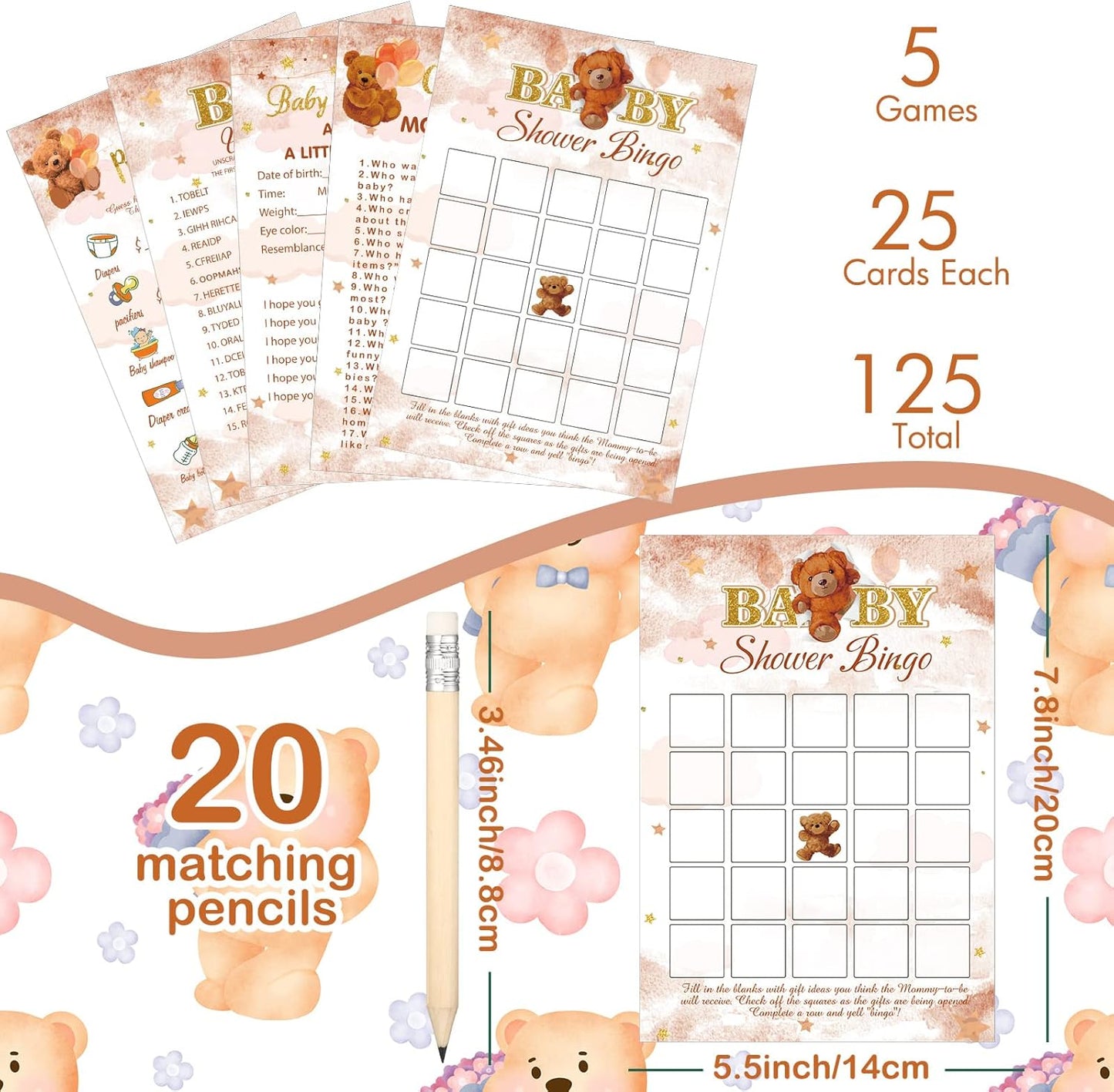 Yinder 145 Pcs Baby Shower Games Activities Cards with 20 Pencils Includes Baby Bingo Description and Wishes Guess Who Price is Right Word Scramble Game(Here Comes the Son)