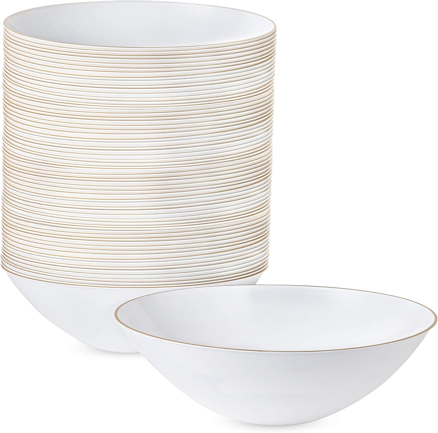 PLASTICPRO [16 OZ 20 Count] White Plastic Floral Design Party Soup bowls With Gold Rim Premium heavyweight Elegant Disposable Tableware Dishes