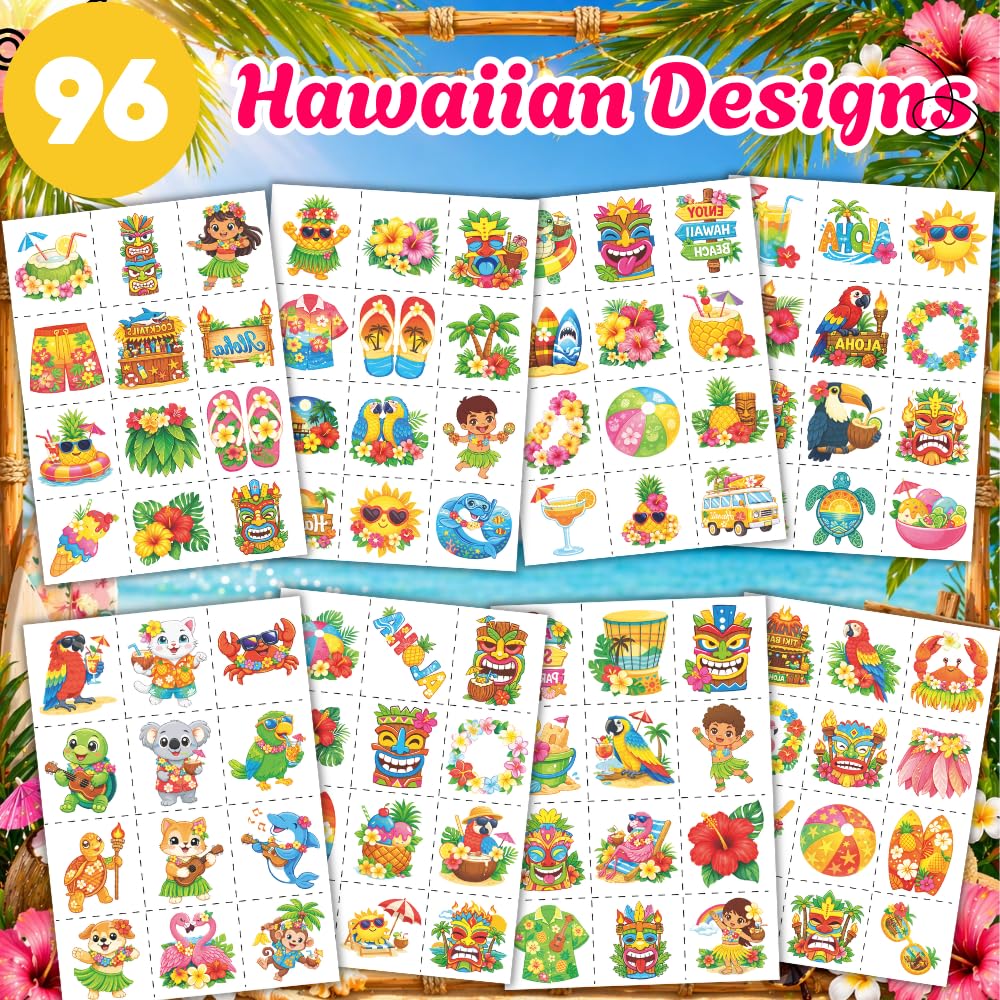 96PCS Tropical Flower Hawaiian Temporary Tattoos Pre-Cut - Hibiscus Plumeria Stickers Beach Summer Hawaiian Birthday Party Decorations, Supplies & Favors - School Gifts Rewards Prizes for Girls Women