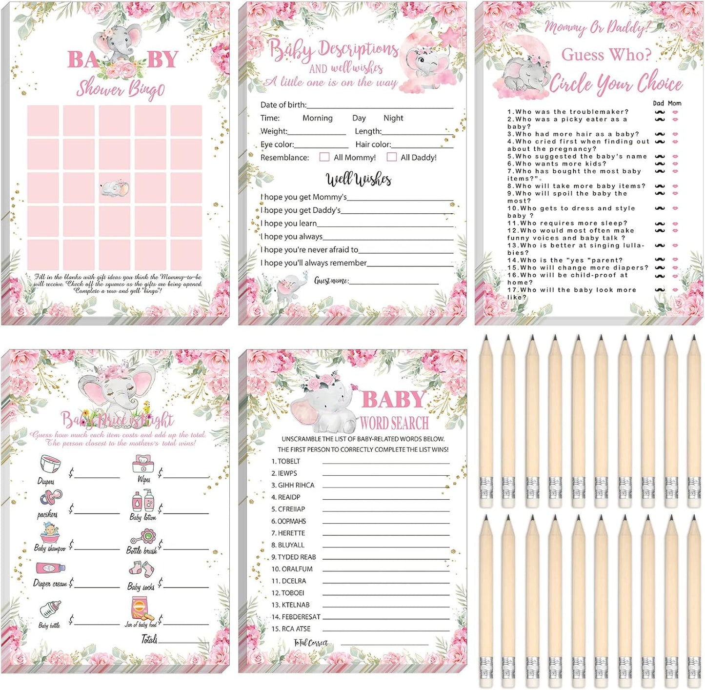 Yinder 145 Pcs Baby Shower Games Activities Cards with 20 Pencils Includes Baby Bingo Description and Wishes Guess Who Price is Right Word Scramble Game(Here Comes the Son)