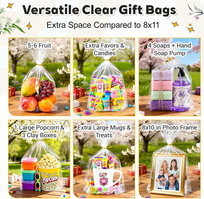 PigPotParty Cellophane Treat Bags 6x9 Inch, 50 Pack Clear Goodie Bags with Bottom Gusset for Stand-Up Display, Small Plastic Gift Wrap for Cookies, Candy, Party Favors, Popcorn, Includes 50 Gold Ties