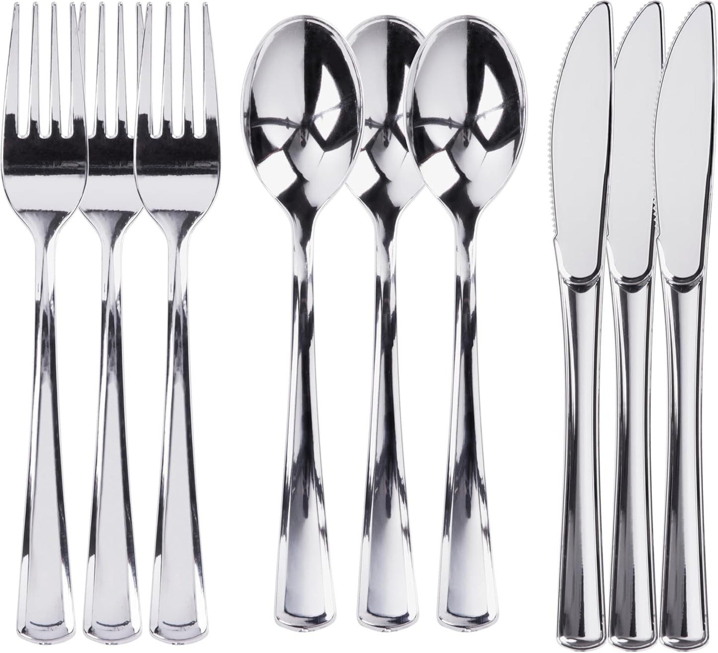 Prestee 300 Piece Heavy Duty Plastic Silverware Set - 100 of Each Silver Plasticware Forks, Spoons, Knives - Flatware Cutlery for Weddings - Durable Disposable Plastic Utensils for Catering, Buffets