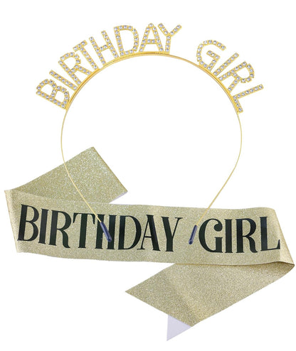 Birthday Sash and Crown Set for Women – Pink Glitter Birthday Girl Sash with Rhinestone Tiara Headband for Party Celebration Gift