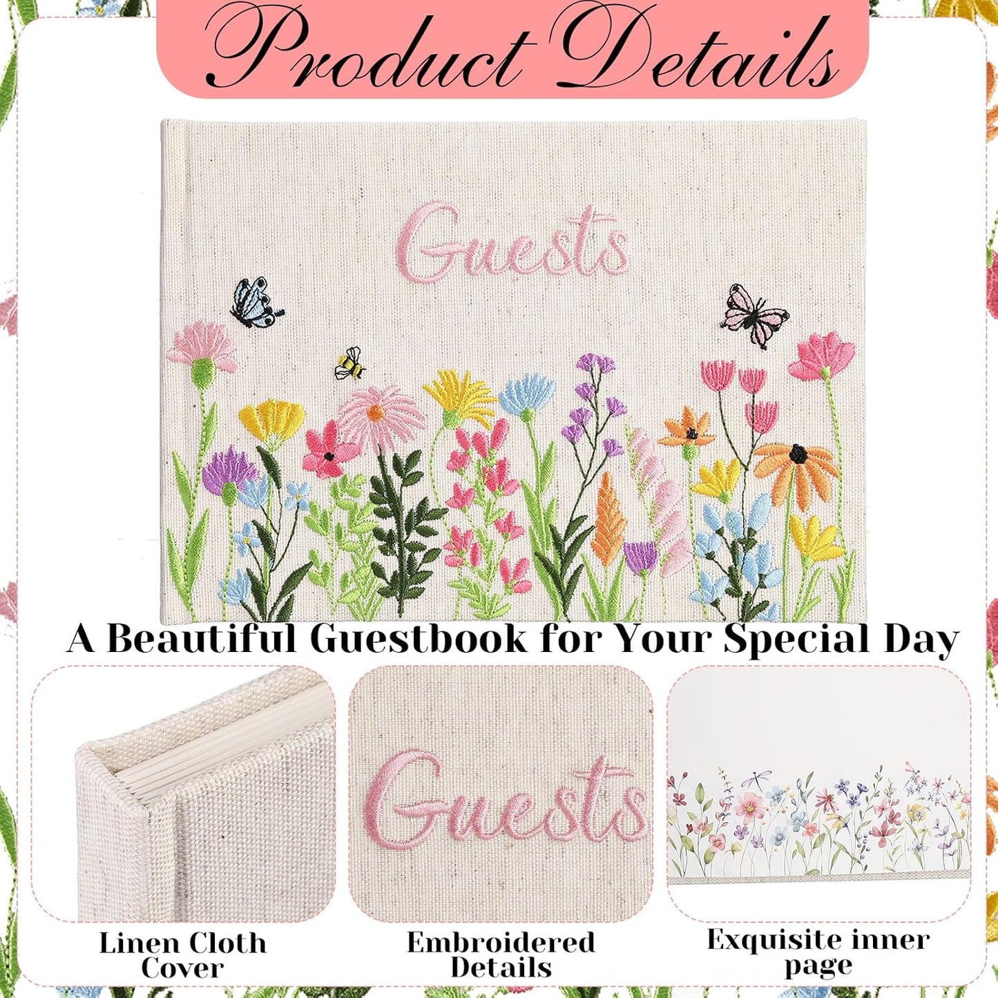 Ctosree Wedding Guest Book with Pens Wildflowers Embroidered Fabric Photo Album, Hard Cover Guest Book Wedding Reception for Baby Shower, Party, Bridal Shower(Colorful,8.3 * 6 Inch)