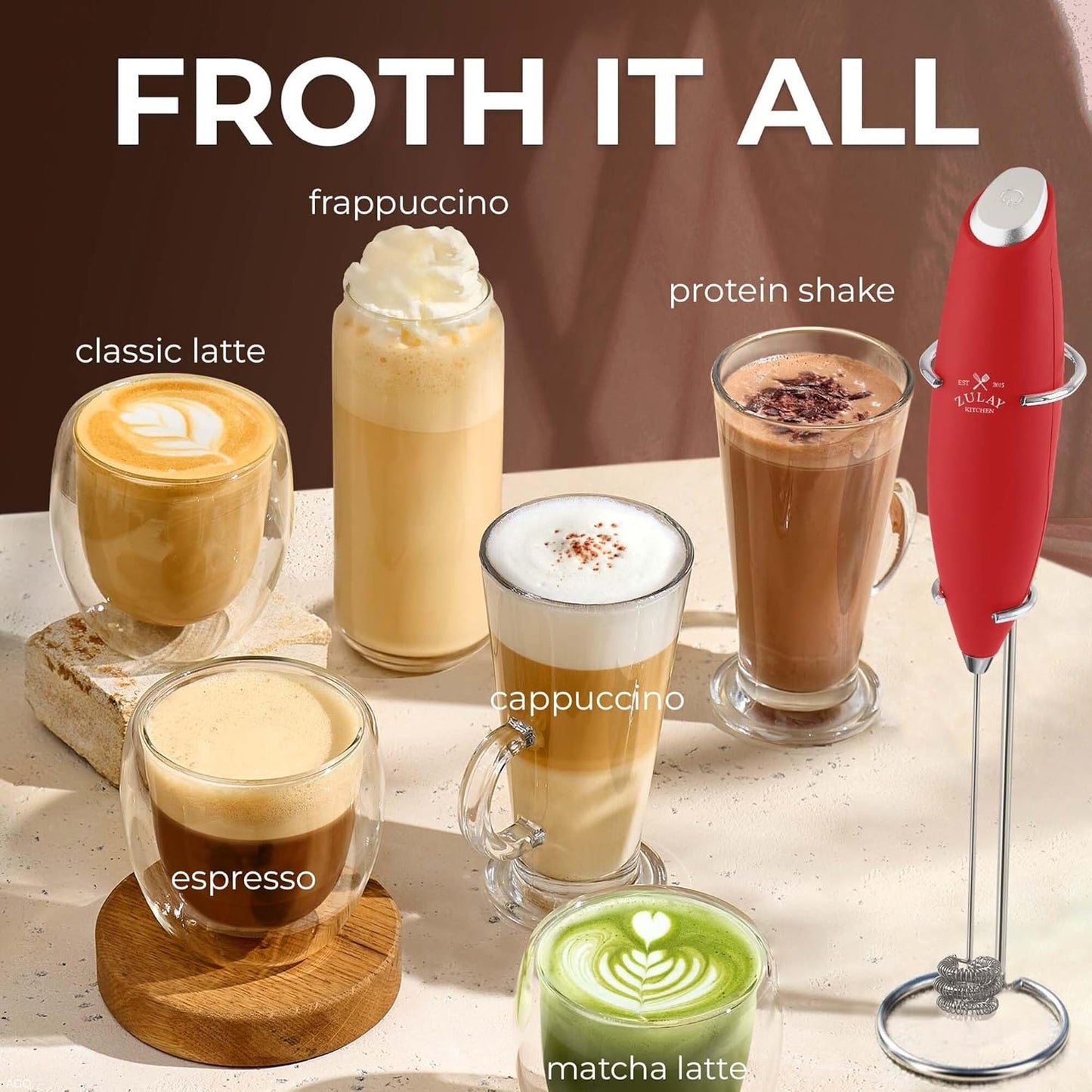 Zulay Kitchen Powerful Milk Frother Wand With Duracell Batteries - Ultra Fast Handheld Drink Mixer - Electric Whisk Foam Maker for Coffee, Lattes, Cappuccino & Matcha - Z1 Motor - Black - Colors C