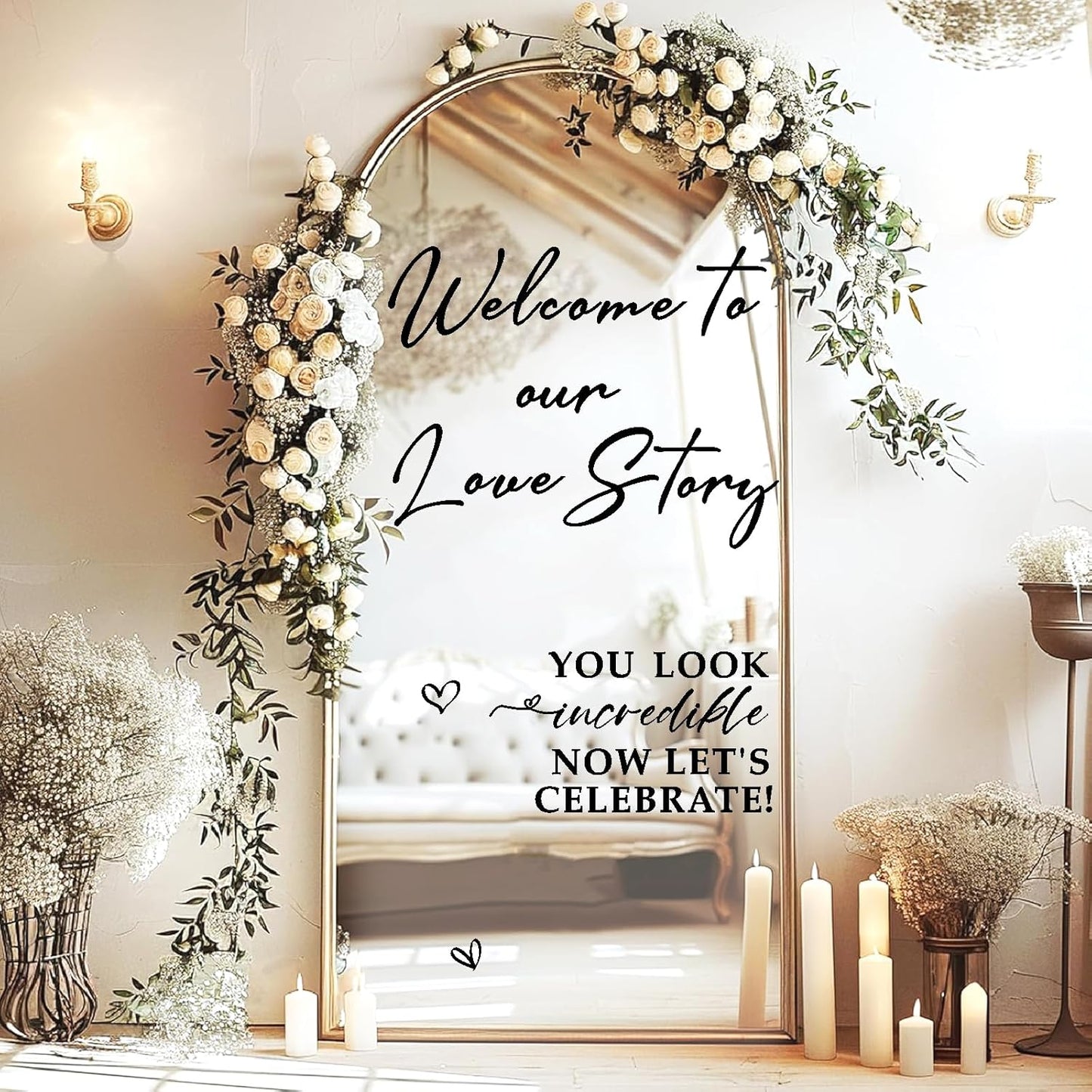 Custom Name Welcome to Our Wedding Signs Personalized Wedding Mirror Decals Selfie Mirror Decal for Wedding Entry Reception Display Golden Date Marriage DIY Vinyl Lettering Welcome Party Decoration