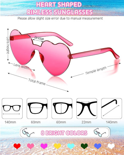 Frienda 8 Pairs Heart Shaped Sunglasses for Women Rimless Heart Glasses Candy Color Sunglasses for Party Favor