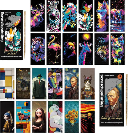 Scratch Art Bookmarks Kit, 24 Sheet Paper with Scratching Tools for DIY Party Favors, Christmas Stocking Stuffers