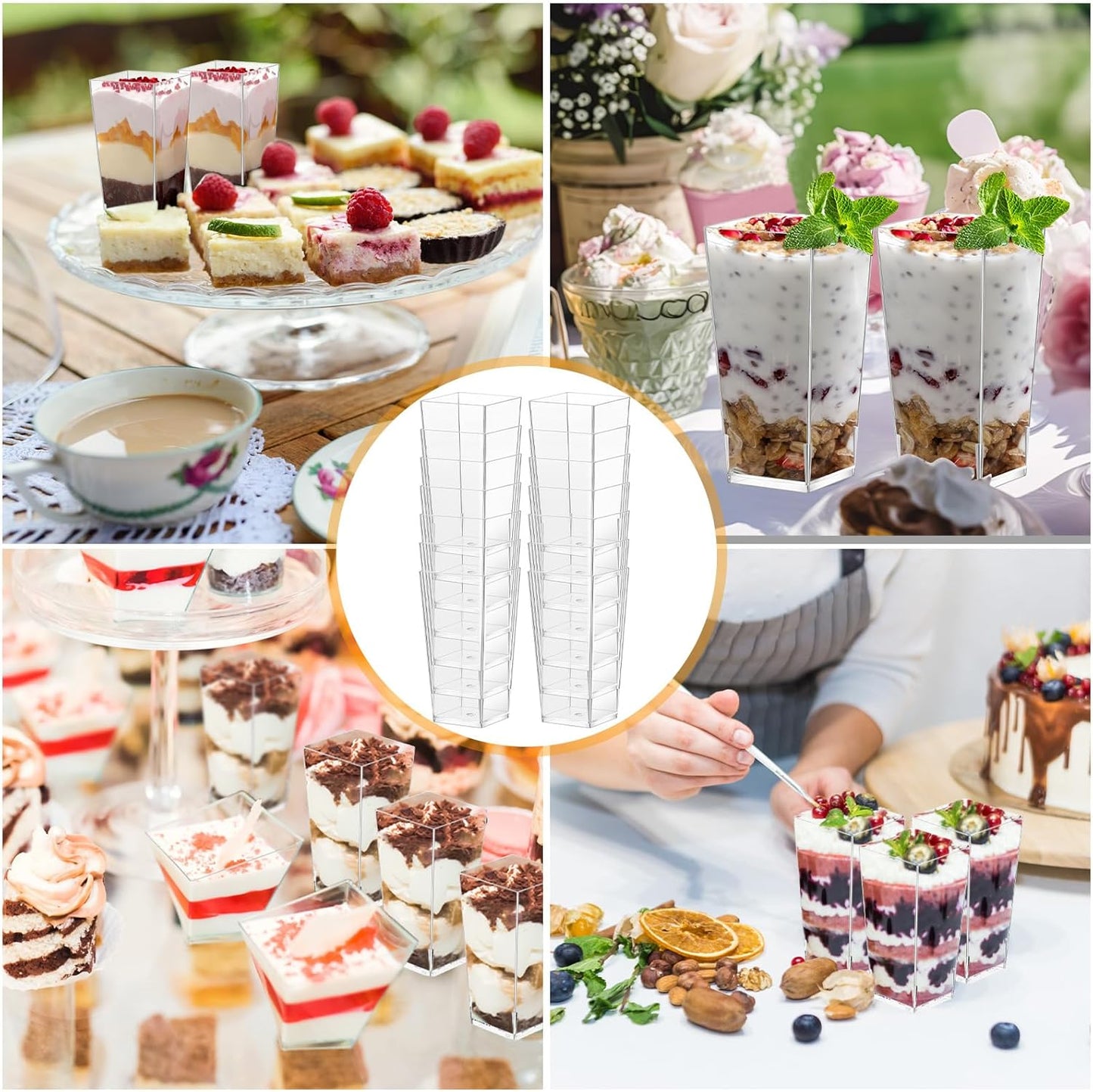 Uiifan 500 Pack 3 oz Mini Dessert Cups Tall Clear Plastic Parfait Cups for Desserts, Appetizers, Mousse Chocolate Dessert(Square Shape)