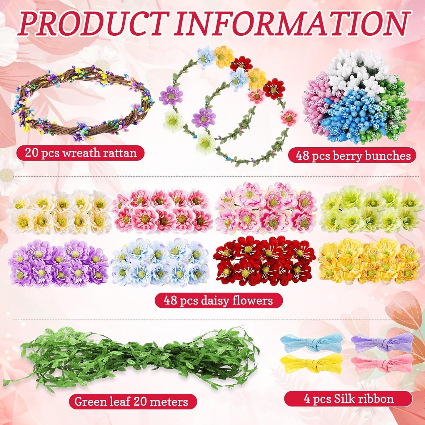 Zeyune 20 Sets Spring Tea Party Favor Flower Crowns Making Kit, Make Your Own Flower Crown Wreath Garland Headbands Craft Kit Handmade DIY Fairy Floral Hair Accessories Gift for Women(Daisy)